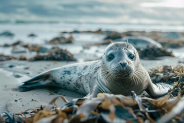 Obraz premium Adorable baby seal relaxing on sandy beach with seaweed, enjoying the warm sunset glow