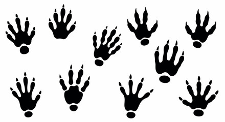 Fototapeta premium Eight black hand silhouettes with fingers spread apart on a white background in a graphic illustration.