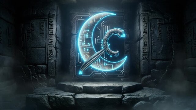 Firefly dim underground chamber with glowing arcane glyphs and a holographic crescent seal