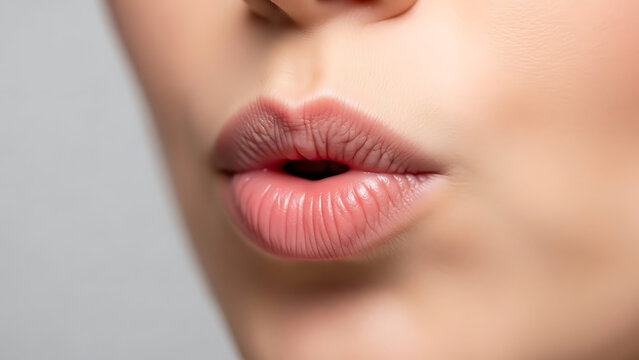 Close up of woman pursing her lips to blow a kiss or whistle, showing a playful romantic expression and soft pink lip color.