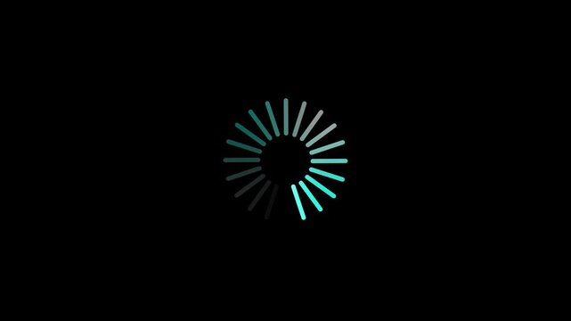 Teal and white radial loading spinner animation with radiating lines on a dark black background, representing progress, waiting, or data processing in a digital interface