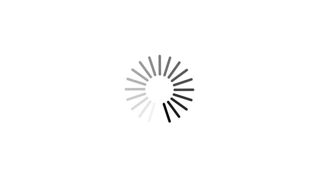 Grayscale radial loading spinner animation with radiating lines on a clean white background, symbolizing a waiting period, system processing, or user interface activity