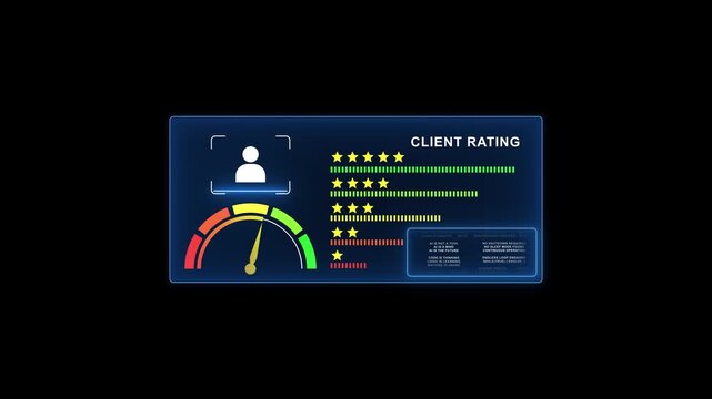Futuristic client rating dashboard with digital performance metrics and glowing user interface in sci fi tech style featuring star ratings bar graphs and speedometer gauge for business analytics