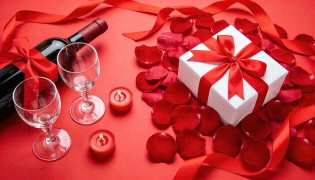 Romantic Valentine's Day setup with wine, gift, candles, and rose petals