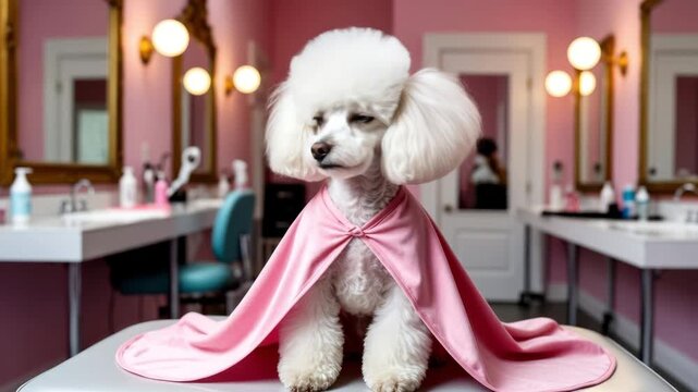 Adorable poodle wearing a pink cape in a stylish pet grooming salon with a charming decor
