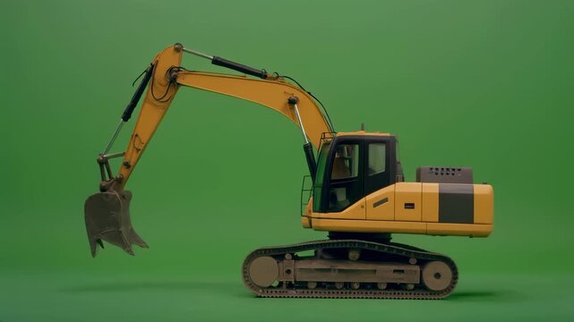excavator turning hydraulic arm and bucket in isolated green screen studio