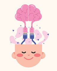 Obraz premium human face and brain merging with artificial intelligence. Up skill and education vector illustration.