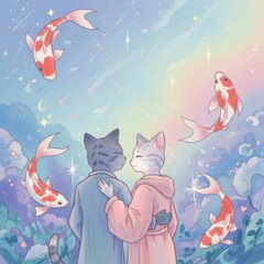 Fototapeta premium Two cats in a dreamy, colorful setting with koi fish and stars, symbolizing a peaceful and romantic moment.