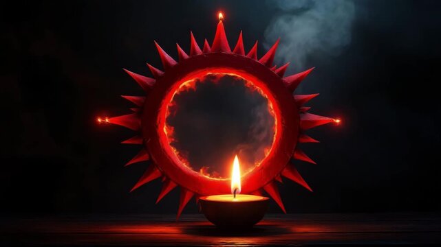 Circular red structure with spikes and candle flame, representing symbolic yagna fire, mystical ambiance