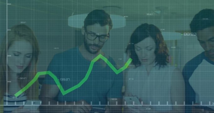 Animation of green graph over diverse colleagues using smartphone and discussing together ta office