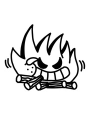 Edgy mischievous fire flame character burning wood logs.