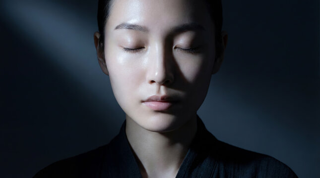Close-up of a young Asian woman's face with closed eyes, illuminated by a beam of light in the dark. Atmospheric photo symbolizing sleep, deep reflection, or a meditative state
