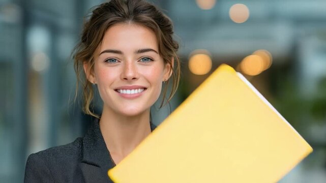 Confident Professional Woman with Folder: A poised and confident businesswoman with a warm smile holds a yellow file folder, exuding professionalism and approachability.