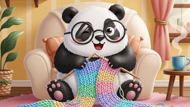 Cozy Panda Knitting - A Heartwarming Animated Scene.