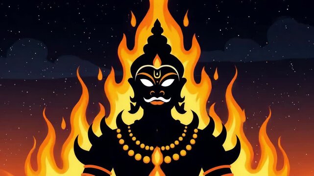A stylized depiction of a dark figure surrounded by flames, representing the demon king Ravana from the Dussehra festival.