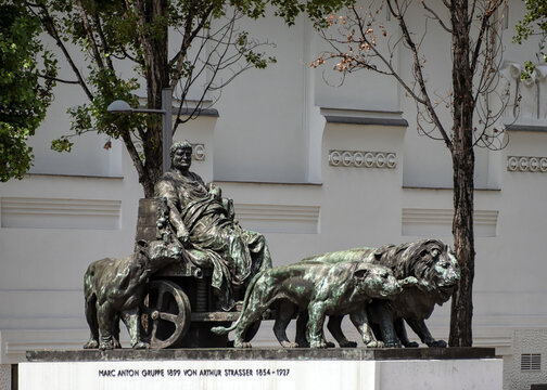 VIENNA, AUSTRIA - JULY 15, 2019:   Statue of Marc Antony in chariot pulled by lions (by Arthur Strasser) in Friedrichstrasse