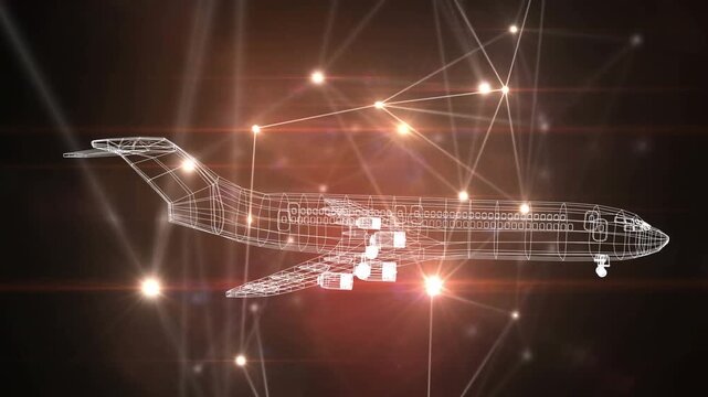 Animation of 3d model of airplane over connected dots with lines against black background