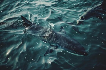 Fototapeta premium Sharks are swimming in dark green water, creating ripples and showing their dorsal fins
