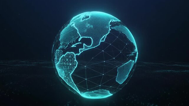 Glowing cyan wireframe globe with luminous network lines and interconnected points