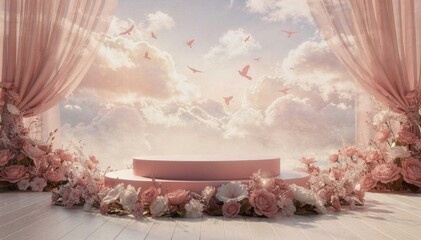 Dreamy pink stage with floral arrangements and birds flying in a cloudy sky