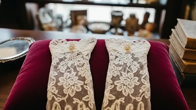 Vintage Lace Gloves Displayed on Velvet Cushion with Antique Objects.