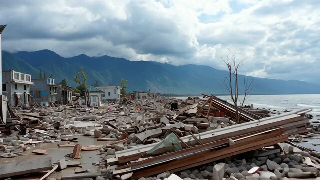 Aftermath of Destruction in a Coastal Village after Natural Disaster