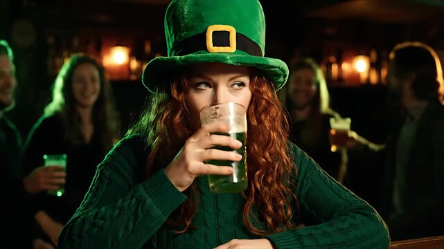 Festive young woman wearing a bright green leprechaun hat celebrates Saint Patrick's Day enthusiastically while enjoying a dark beer at a lively, dimly lit Irish pub setting.