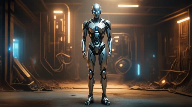 Humanoid robot in a dimly lit industrial corridor, sleek metallic exoskeleton with glowing blue accents