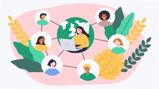Diverse women connected virtually within a botanical network illustration