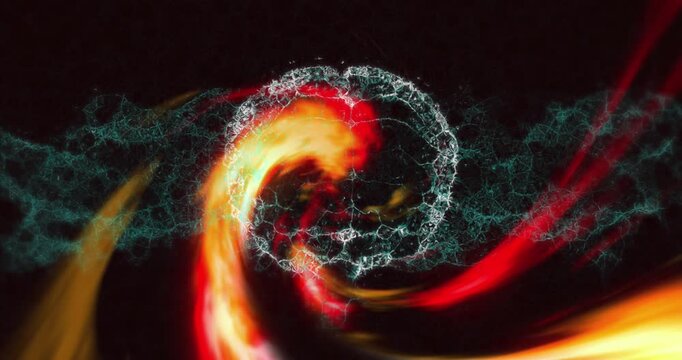 Animation of human digital brain and dna helix over multicolored wave pattern on abstract background