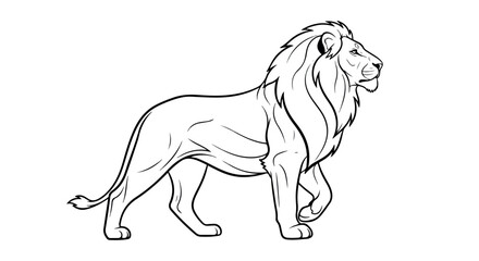 Line drawing of a lion standing with its head turned to the right on a white background.