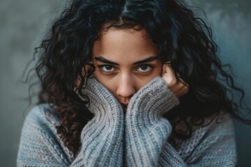 Young woman covering her face with the sleeves of her woolen sweater