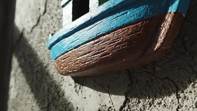 Repetitive boat decorations on a weathered wall creating an interesting pattern and texture