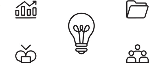 Fototapeta premium A minimalist arrangement of five distinct line icons illustrates financial progress, creative thought, data storage, download action, and team hierarchy.