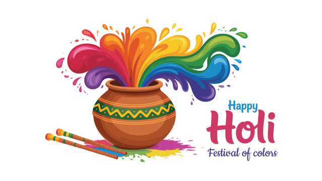 Colorful happy holi festival greeting banner with traditional clay pot, flying gulal powder splash, pichkari and festive typography on white background