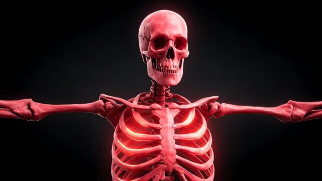 A human skeleton with glowing red bones stands with arms outstretched in a dark environment viewed from the front.