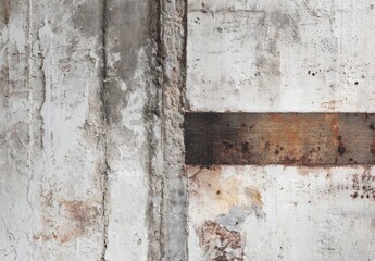 Obraz premium Close-up of aged, textured wall, showcasing layered concrete and metallic banding. Color variations include grays, whites, and browns
