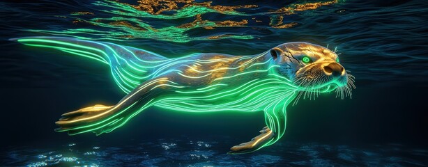 Neon Light Glow of wild animals, Glowing Sea Otter Swimming Underwater with Bright Neon Lights and Sparkling Surface Reflection © Sirapopmillion