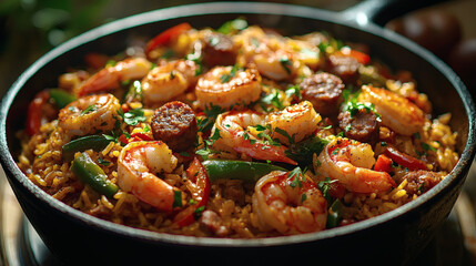 Fototapeta premium Vibrant Seafood and Sausage Dish in Black Pan for Culinary Delight