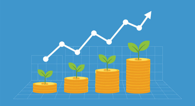 Concept of financial growth and investment featuring stacks of gold coins with growing plants and a trending upward arrow on blue background.