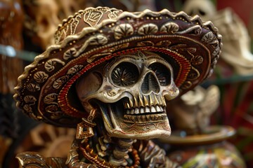Obraz premium Close up of a decorative catrina skull wearing a traditional sombrero, celebrating the day of the dead