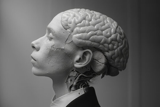 Cyborg human head exposed brain futuristic sculpture monochrome style surreal concept artificial intelligence transhuman