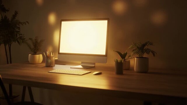 Serene minimalist desk setup with warm glow computer monitor and potted plants