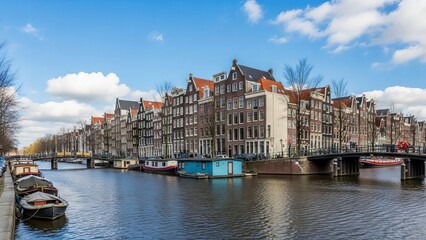 Fototapeta premium Historic canal buildings and houseboats in Amsterdam, Europe