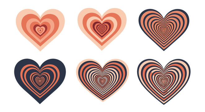 Set of six retro-style heart icons with concentric striped patterns in a warm color palette of pink, orange, and navy blue.