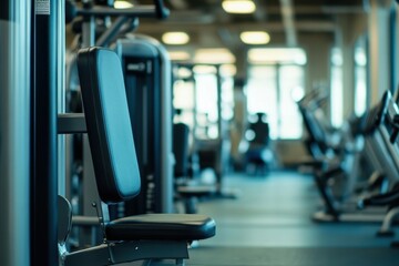 Fototapeta premium Empty gym fitness equipment awaiting users in a bright indoor space