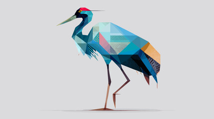 Obraz premium A geometric illustration of a crane bird, composed of colorful triangular shapes on a gray background