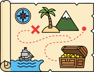Colorful Pirate Treasure Map Rolled Parchment with Compass Palm Tree Mountain Island X Spot Dotted Path Ship Chest Coins Flat Vector