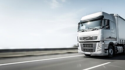 Fototapeta premium White Commercial Truck Driving Fast on a Highway Under a Bright Sky