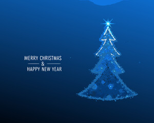 A pixelated christmas tree with festive greetings on a dark blue background
